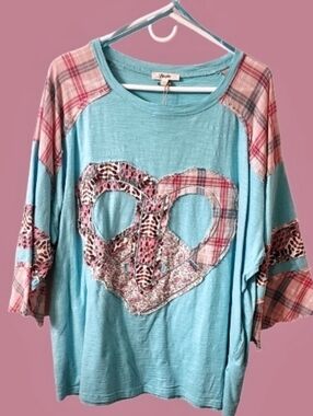 Blue Velvet Patchwork Heart Top with Plaid & Leopard Accents